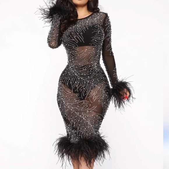 Fashion Nova Dresses & Skirts - 🔥 GORGEOUS BEADED SHEER BLACK LONG SLEEVE DRESS W/BLACK FEATHER TRIM~SM~NWOT